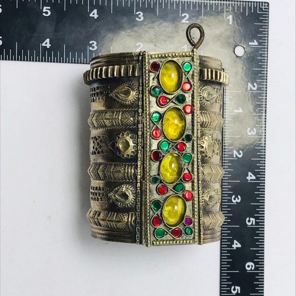 single Golden Tribal Cuff Bracelet With Big Glass Stones, Vintage Boho Cuff - Picture 3 of 4